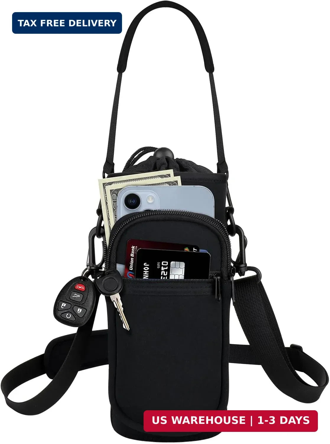 Insulated Water Bottle Holder with Phone Pocket and Adjustable Strap