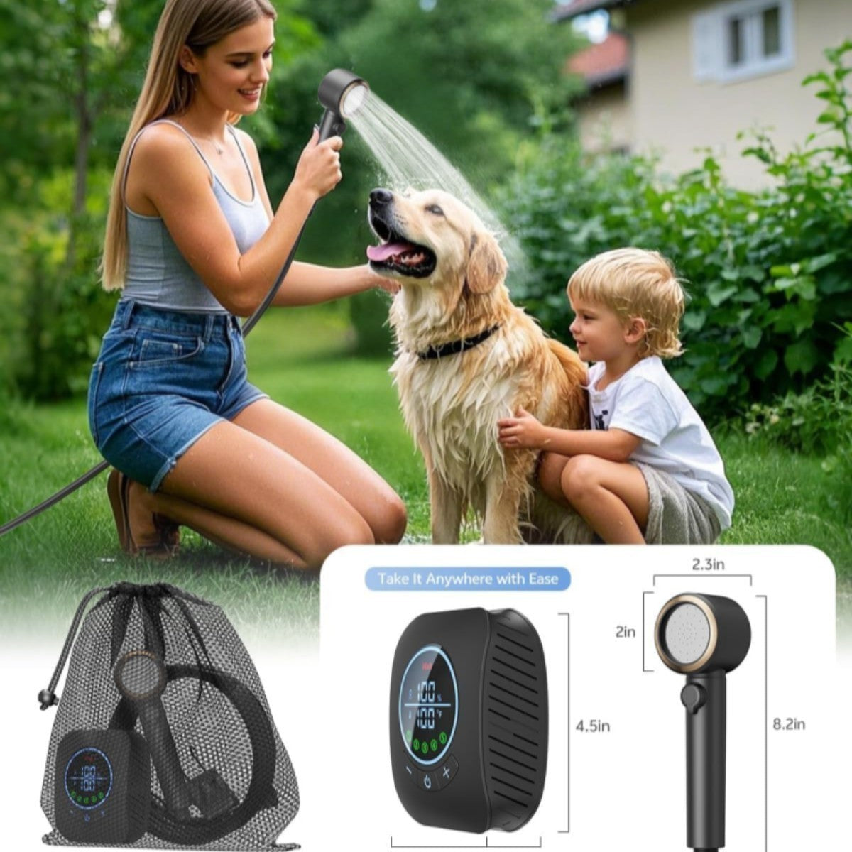 Portable Camping Shower with Water Heater, 8000mAh Rechargeable Pump