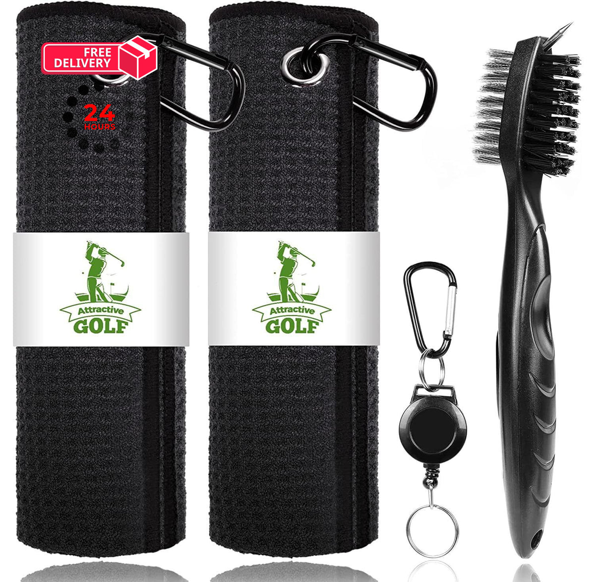 Golf Towels with Club Brush Set - Microfiber Waffle 16x16 Inch Black