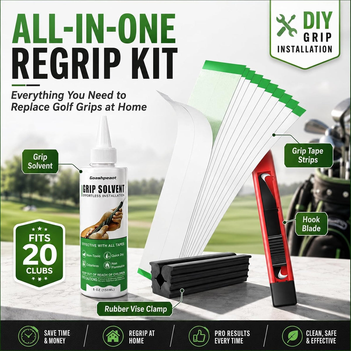 Golf Regripping Kit with Grip Solvent, Double-Sided Tape, Hook Knife & Vise Clamp