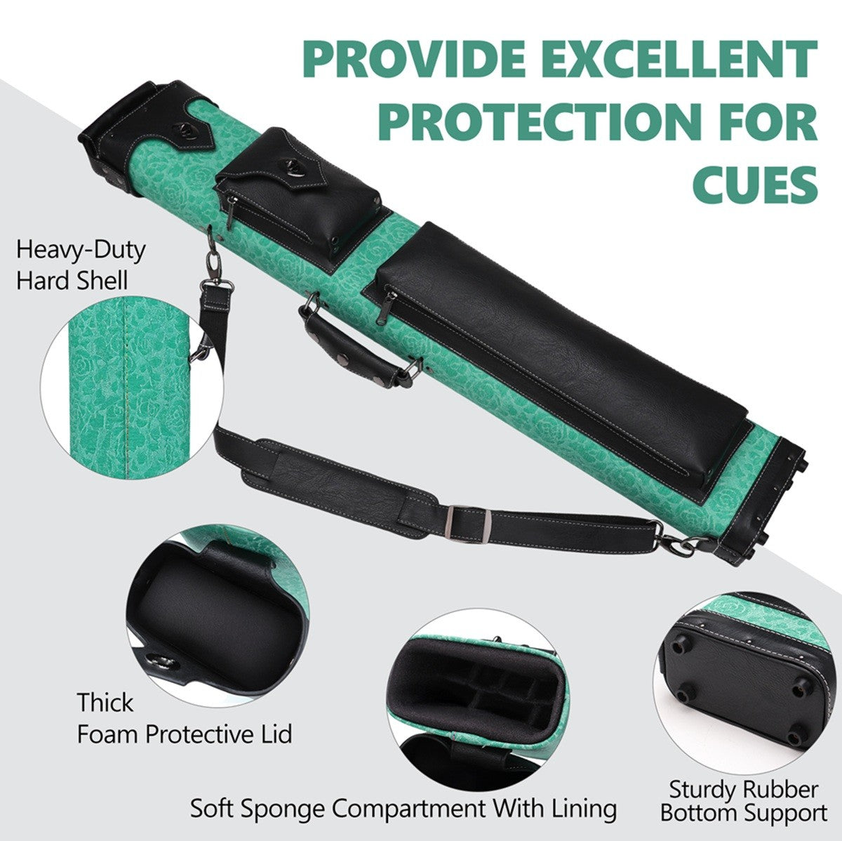 3x5 Hard Shell PU Leather Pool Cue Case Holds 3 Butts & 5 Shafts with Shoulder Strap
