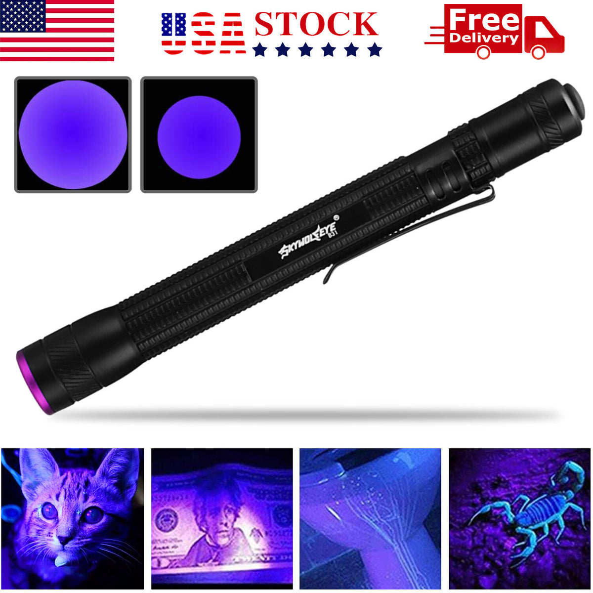 Zoomable 395nm UV Light Penlight Black Light for Detecting Insects Gems and Fluids