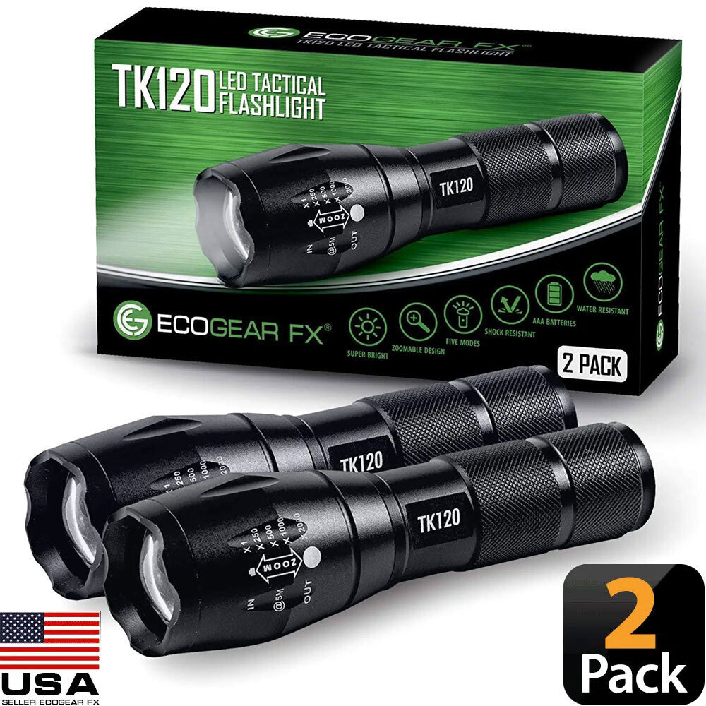 LED Tactical Flashlight 5 Modes Zoom Focus High Power 2 Pack