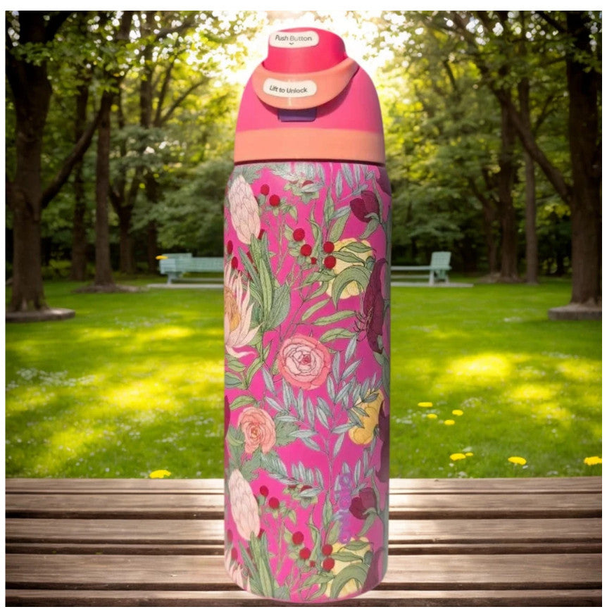 32oz Floral Insulated Water Bottle with Straw - Leak-Proof Travel Tumbler
