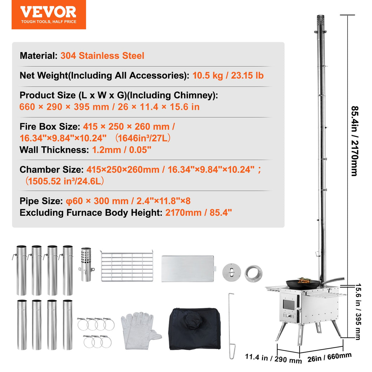 Portable Wood Stove for Camping Tent with Pipe - Stainless Steel