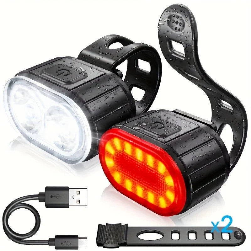 USB Rechargeable Waterproof Bicycle Lights Set - Front & Rear Safety Lamp