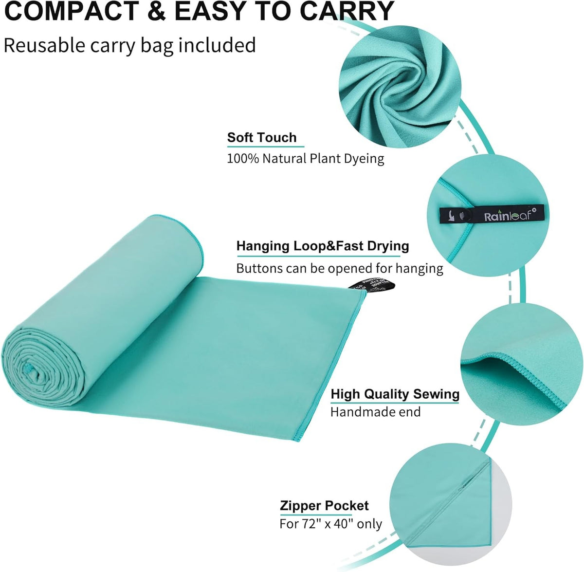 Rainleaf Microfiber Travel Gym Towel - Quick Dry, Lightweight & Absorbent