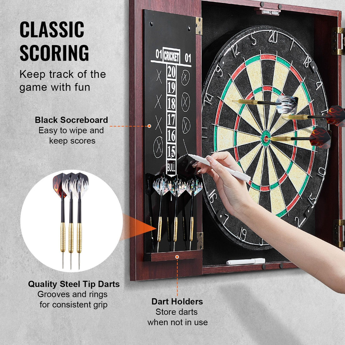 Official-Size Dartboard Cabinet Set with 18" Dartboard, 6 Steel Tip Darts