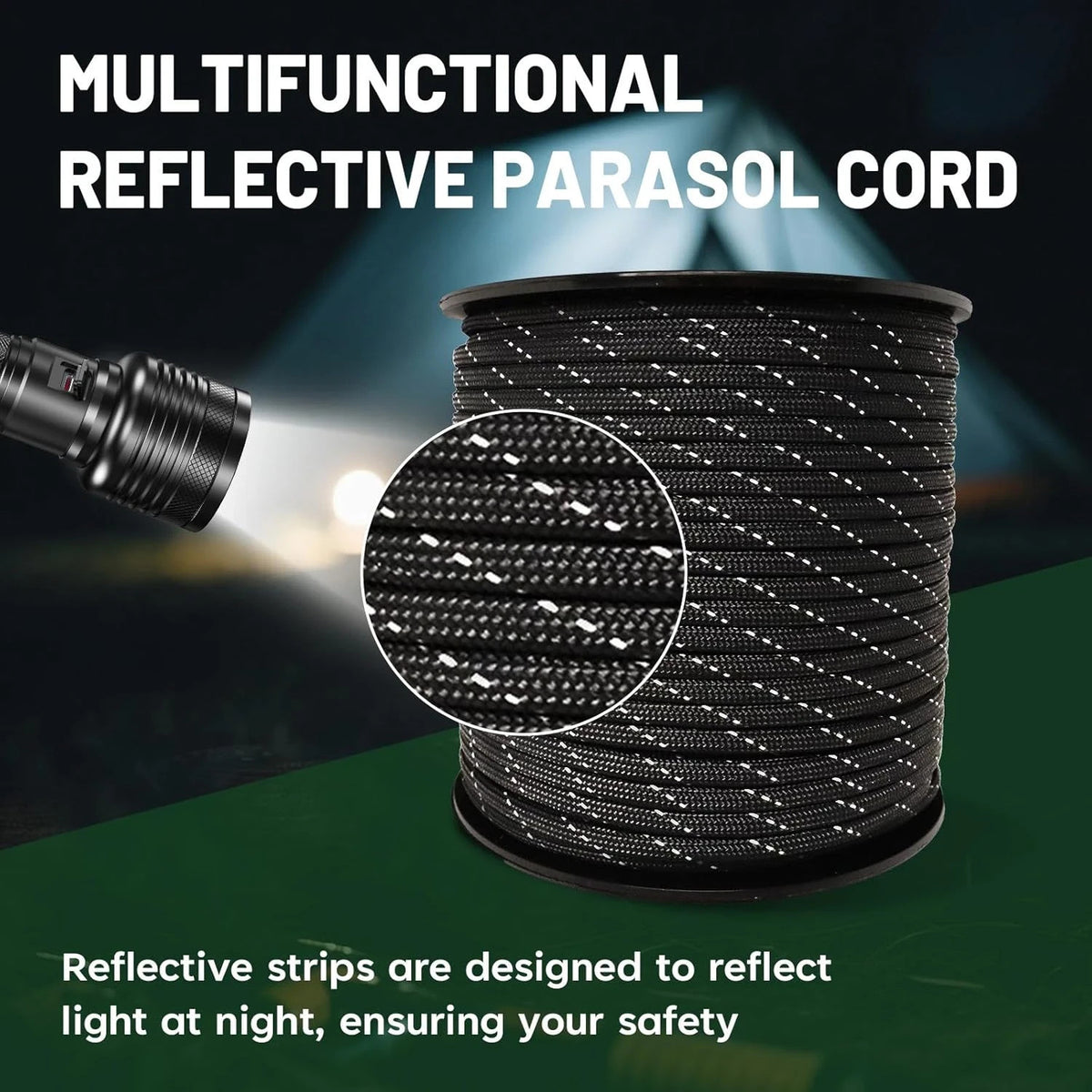 Reflective Paracord Rope 200ft 4mm, Strong Nylon Camping & Outdoor Cord