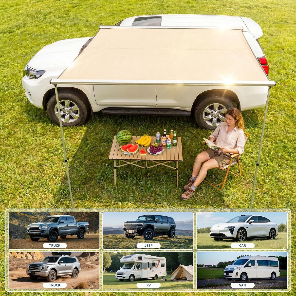 Car Side Awning Tent Roof Rack Pull-Out for Camping & Overlanding 4.9x6.6 ft