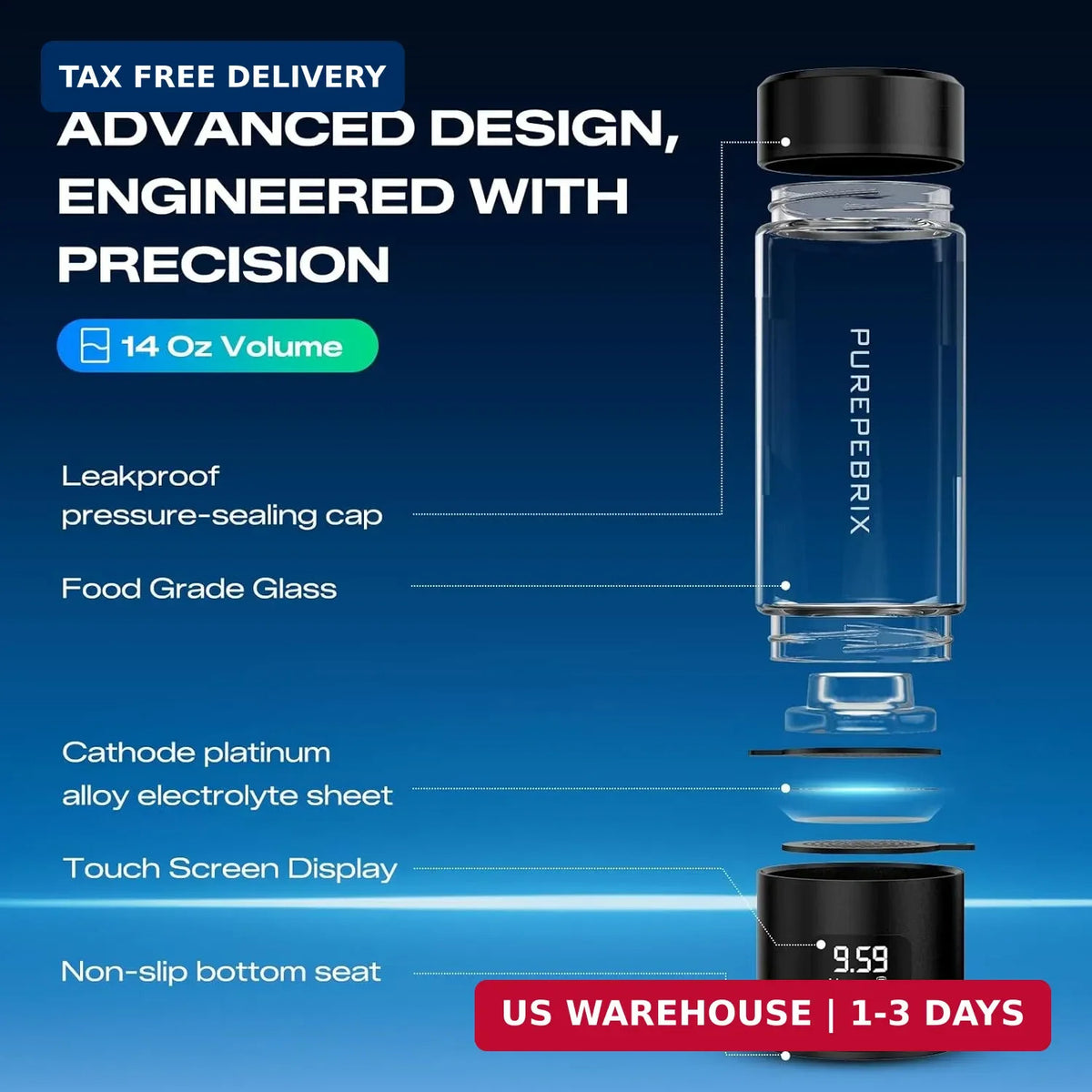 Hydrogen Water Bottle Generator with Glass, Touch Screen, Leakproof Cap - Portable 400ml