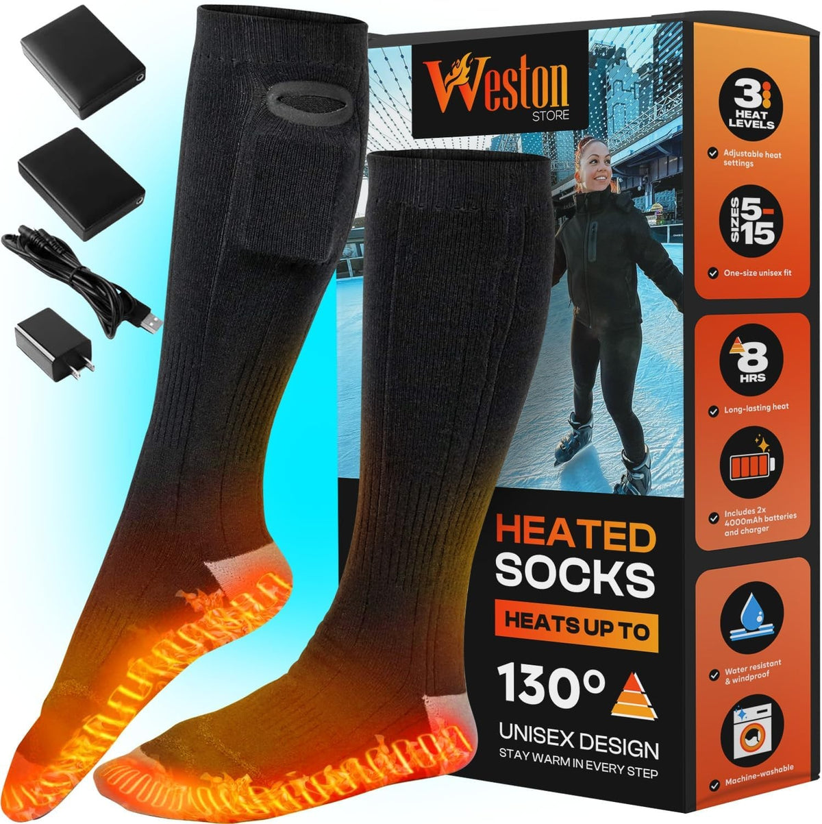 Rechargeable Heated Socks for Men & Women - Warm Winter Socks with 2 4000mAh Batteries, Up to 140°F