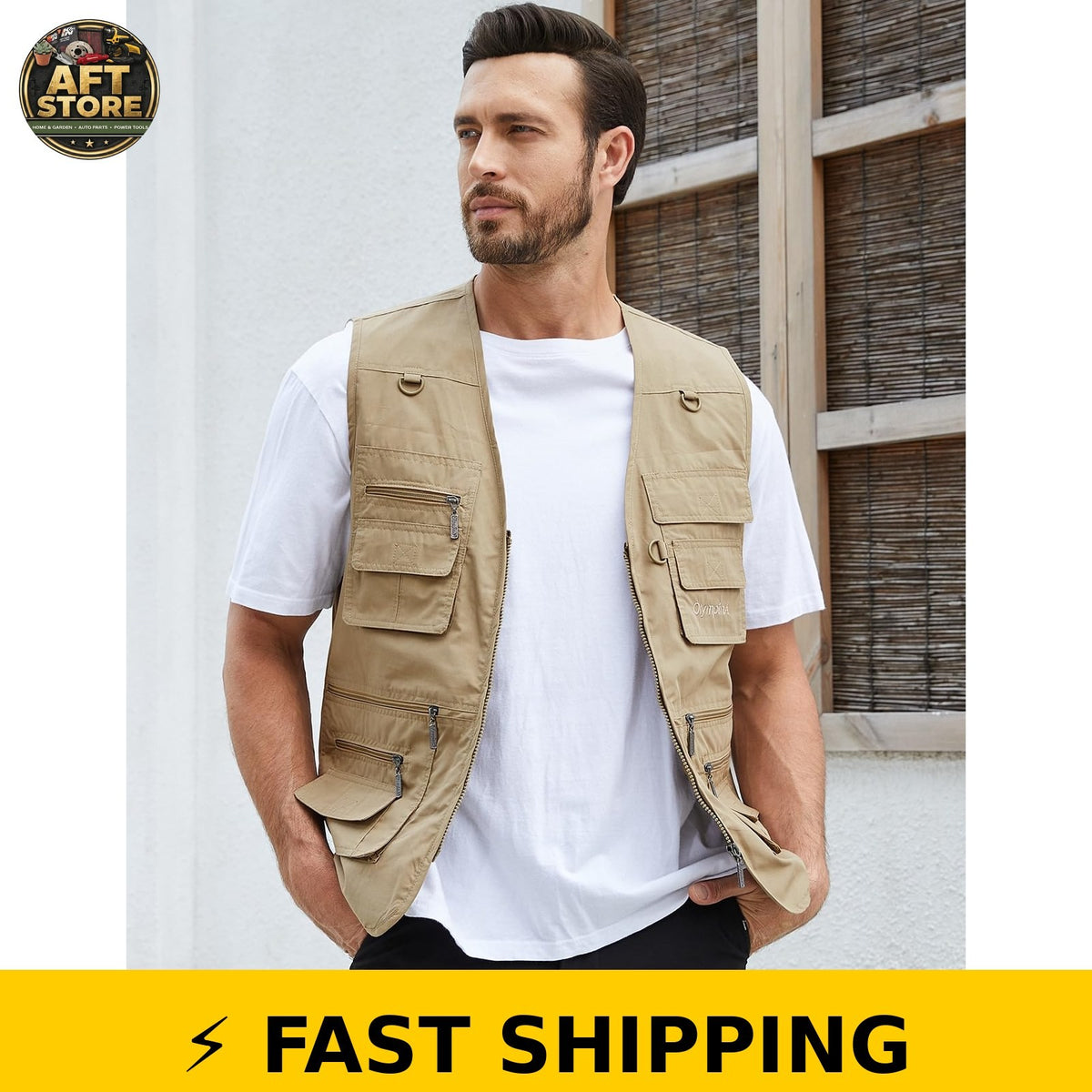 Men's Fishing Utility Vest with Multiple Pockets - Khaki, Large