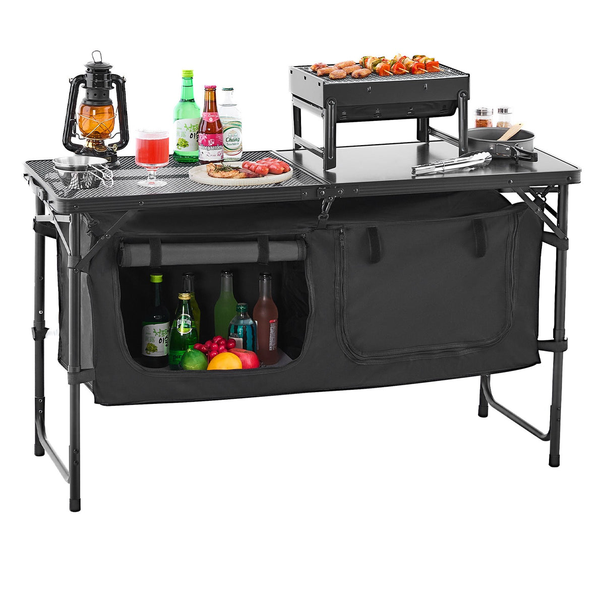 Portable Camping Kitchen Table with Adjustable Height and Storage