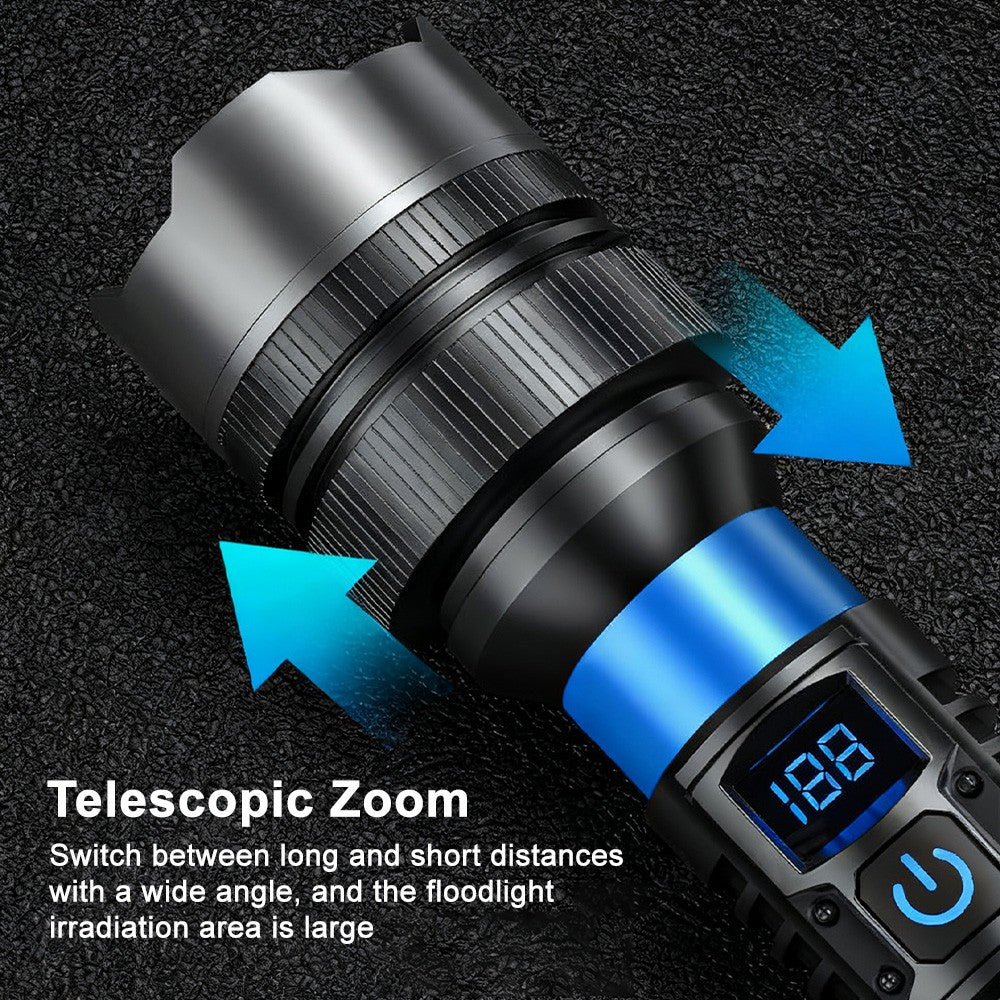 Rechargeable LED Tactical Flashlight with Zoom & Power Display - 20W, 500m Range