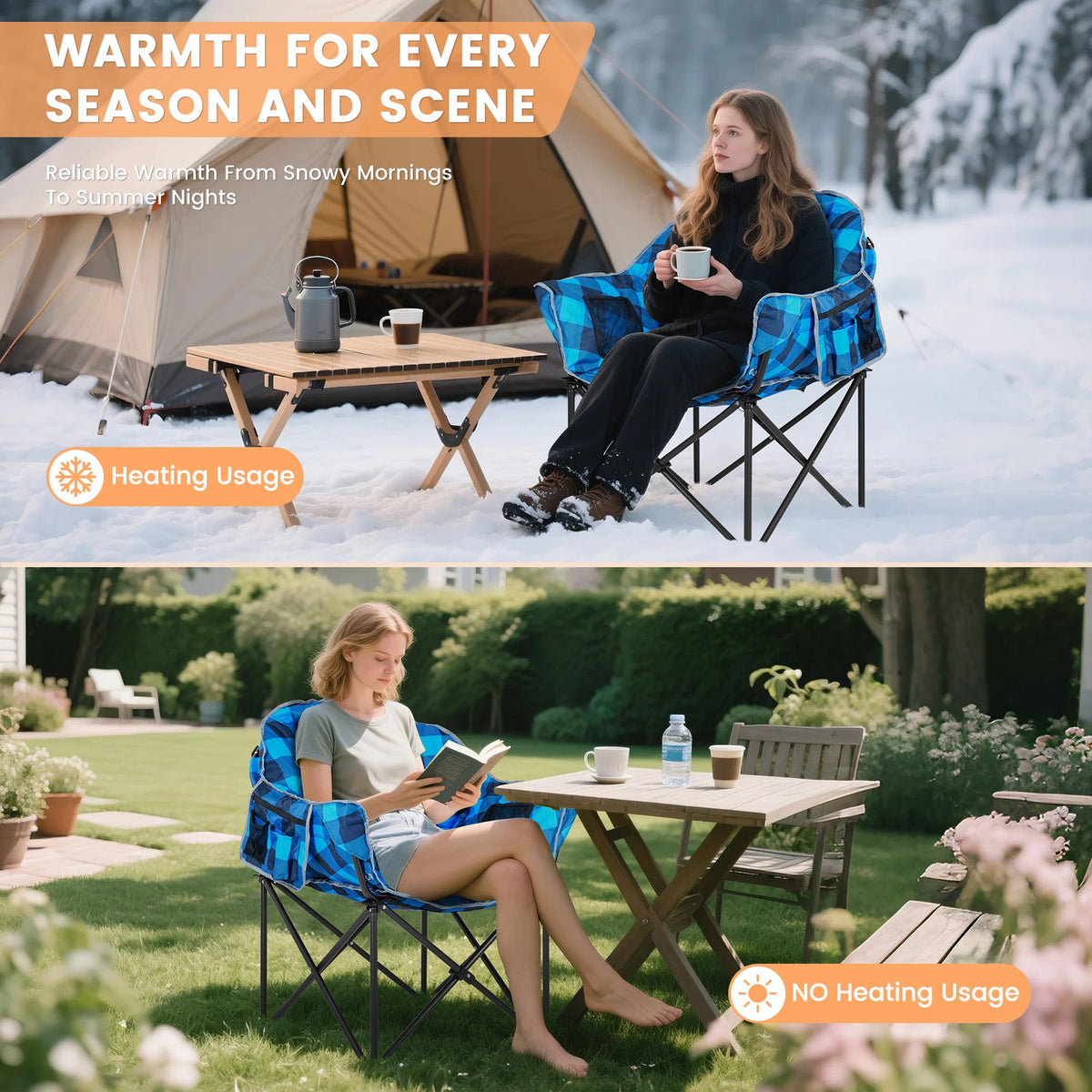 Oversized Heated Camping Chair with 3 Heat Levels - Foldable Outdoor Lounge Seat Support 500 lbs