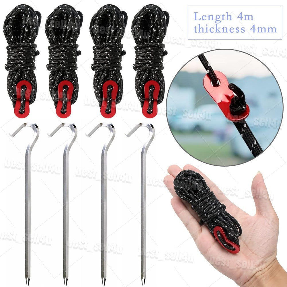 Reflective Tent Guy Lines Kit with Aluminum Tensioners and Stakes - Heavy Duty Camping Rope Set