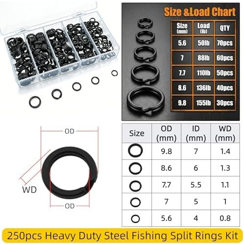 Heavy Duty Steel Fishing Split Rings Kit - 250 Pcs for Lure Making & Tackle