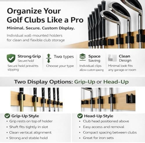Golf Club Wall Mount Holders - 16 Pack Adjustable Golf Organizer for Garage & Man Cave