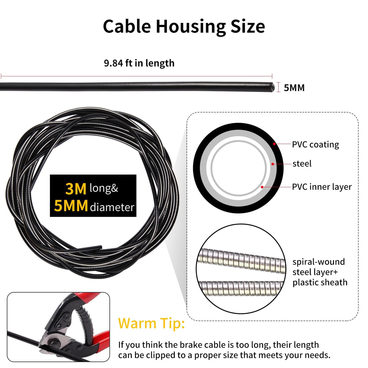 Universal 5mm Bicycle Brake Cable Housing 3m with End Caps for Mountain & Road Bikes