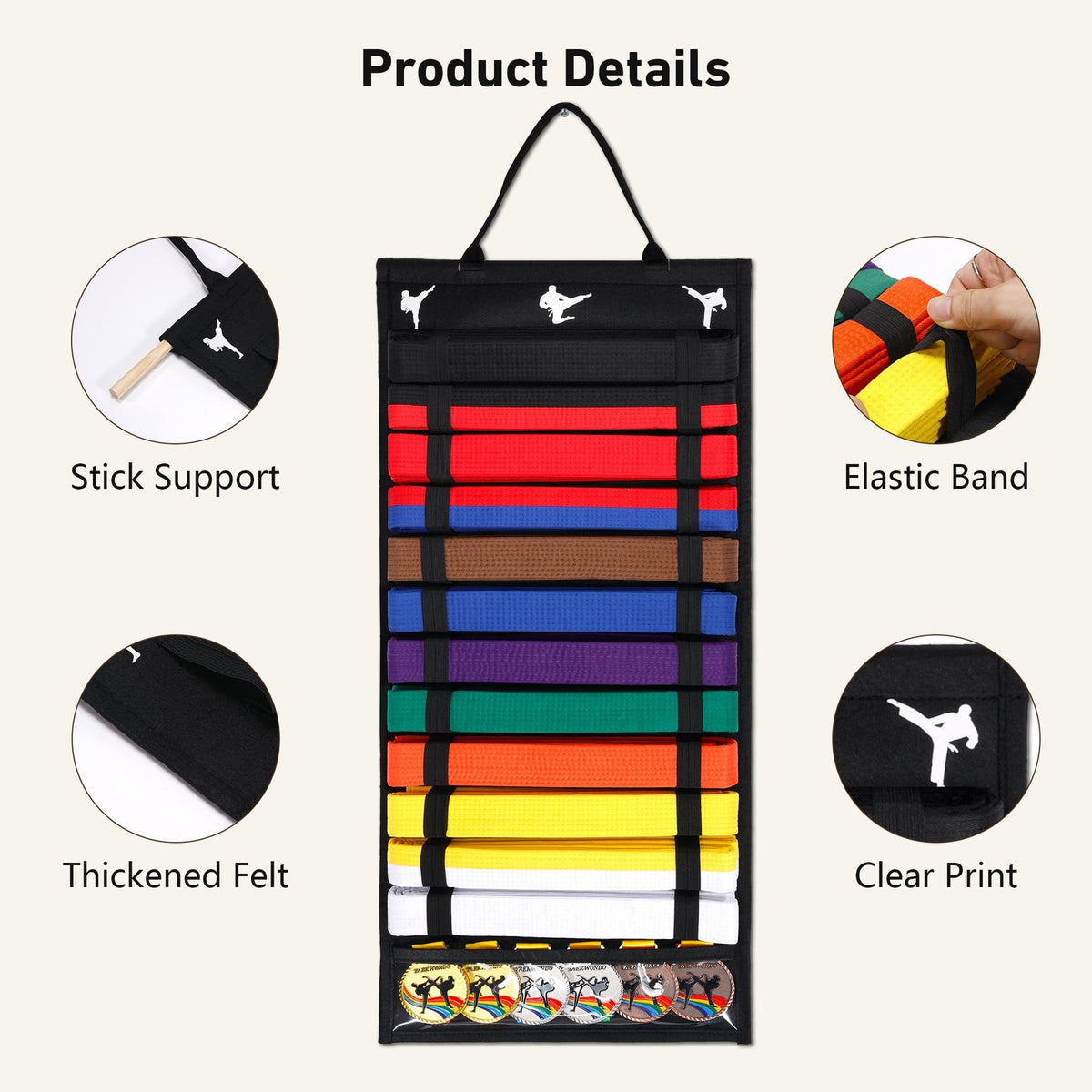 12-Slot Karate Belt Display Rack with Medal Storage – Taekwondo/Martial Arts Wall Organizer