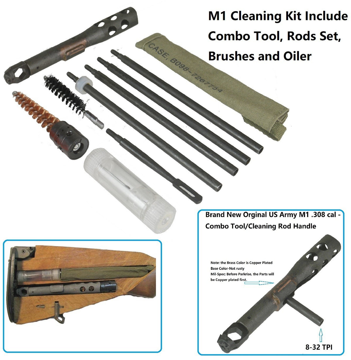 Rifle Cleaning Kit with 4-Piece Rod and Accessories for M1A - Green Pouch