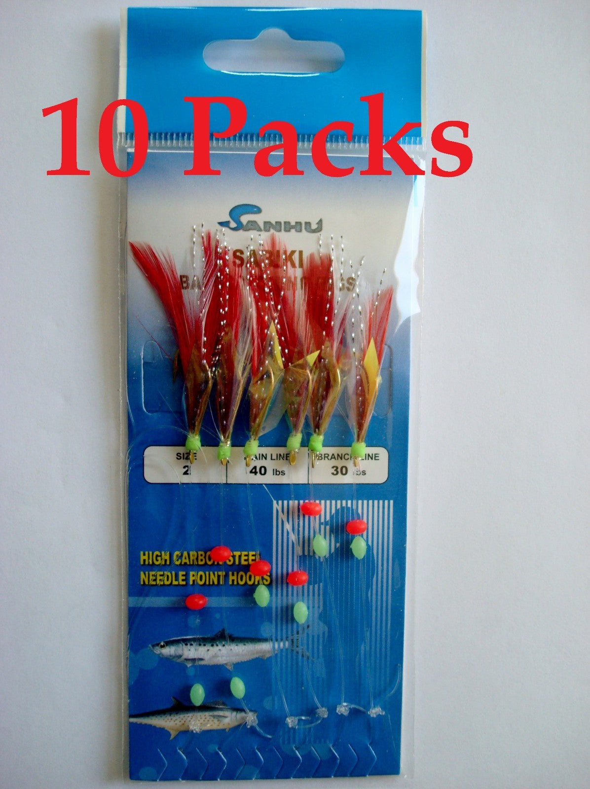 Saltwater Fishing Sabiki Bait Rigs - 10 Pack with 6 Hooks & Red Feathers