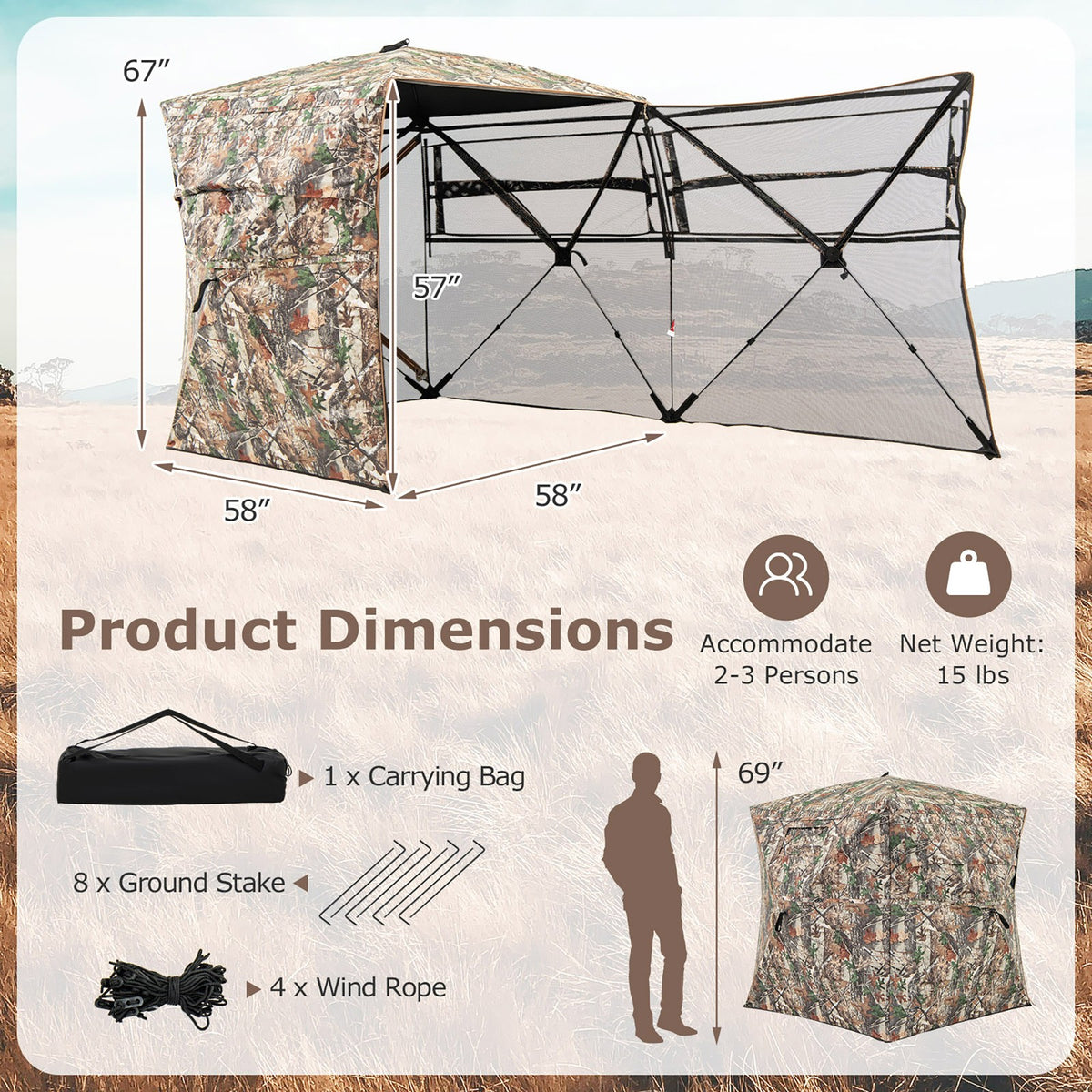 Portable 360° See-Through Hunting Blind with Full-Open Side Door