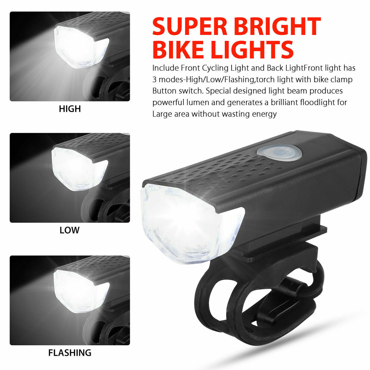 USB Rechargeable Bicycle Front and Rear LED Headlight Set - Waterproof Cycling Lights