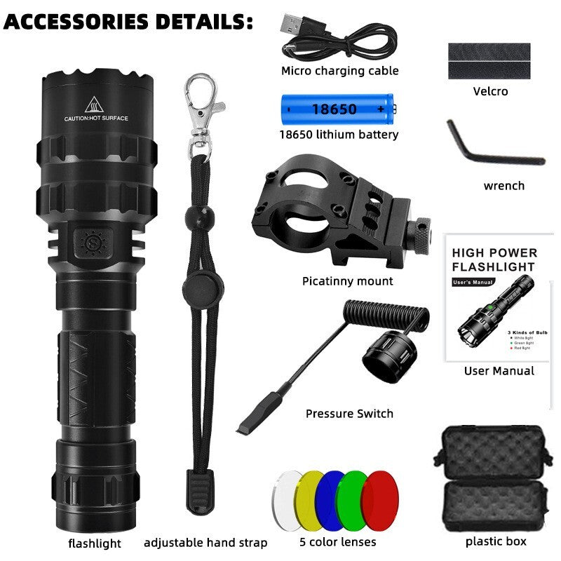 Tactical Waterproof USB Rechargeable Flashlight Kit for Outdoor Hunting Camping