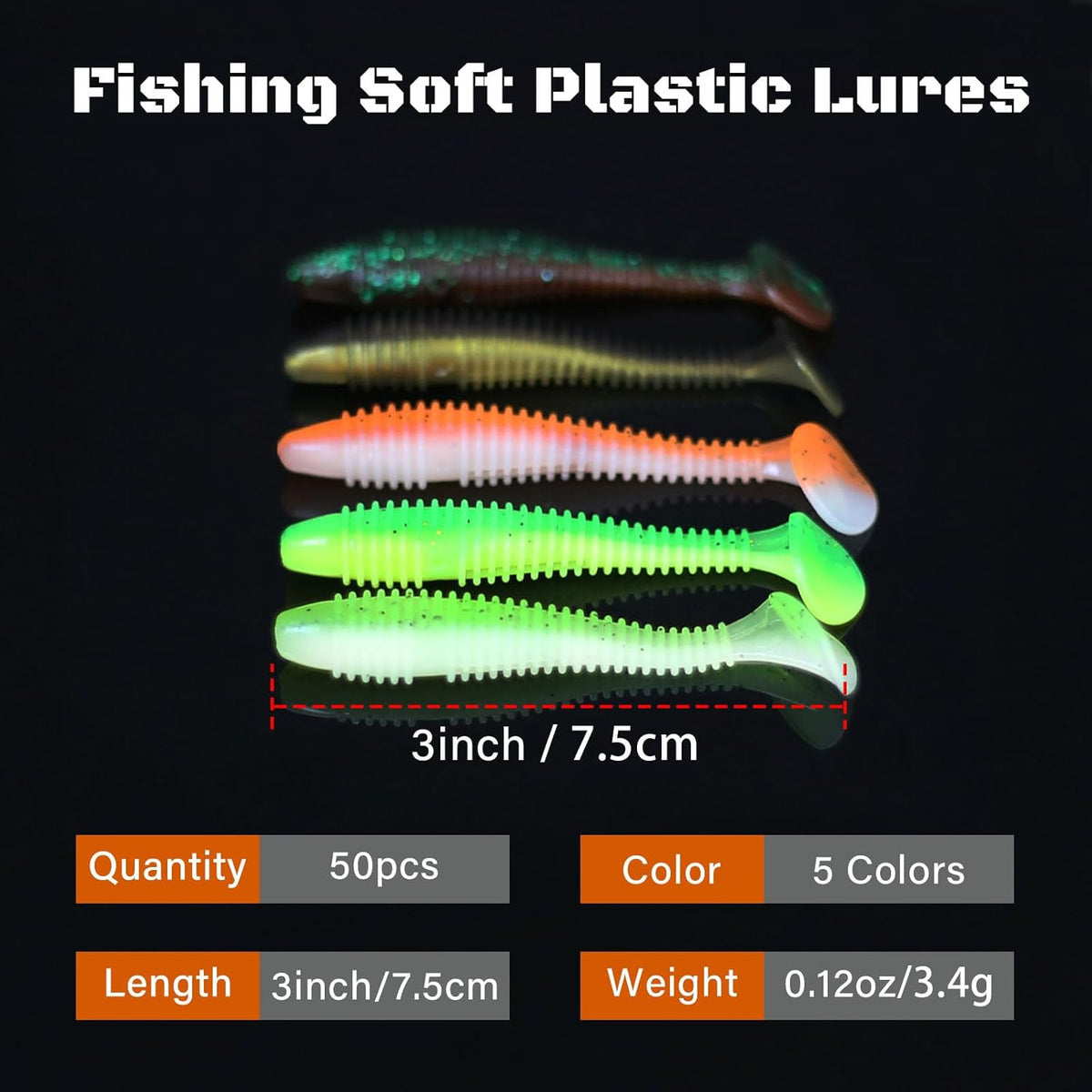 Artificial Soft Plastic Fishing Lures - 50-Pack 3 Inch Paddle Tail Swimbaits for Bass