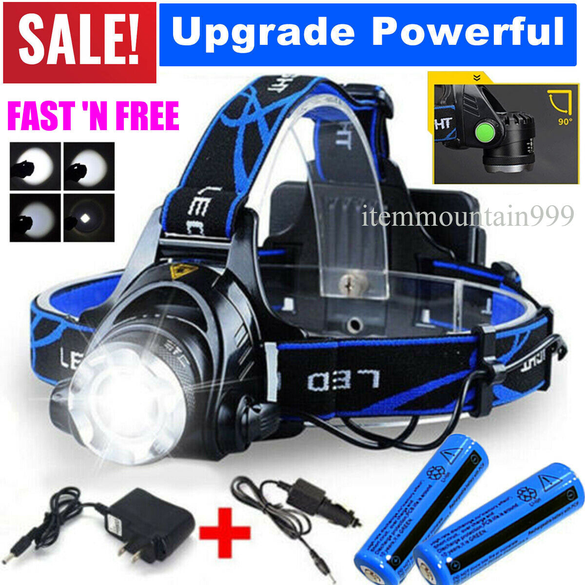 Rechargeable LED Headlamp with Zoom Focus 990000LM Waterproof Head Torch