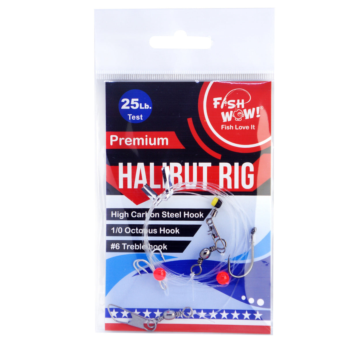 Fish WOW! Halibut Drift Rig with Octopus & Treble Hooks 25lb Test - 5 Pack
