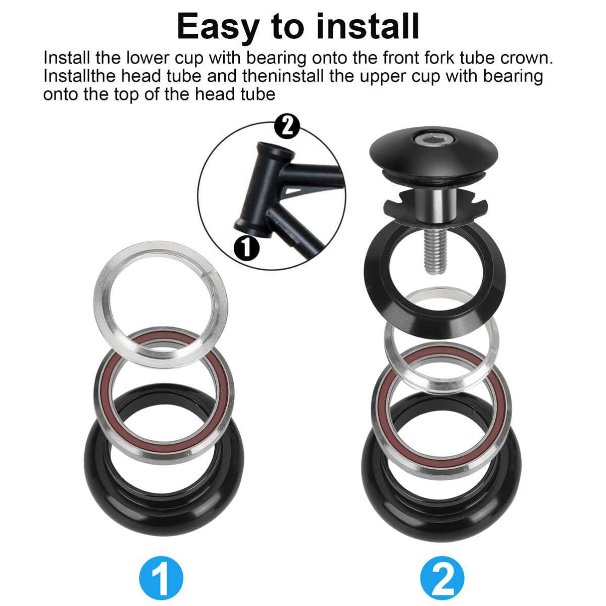 34mm 1-1/8 Inch Threadless Bicycle Headset Kit Aluminum Alloy Black