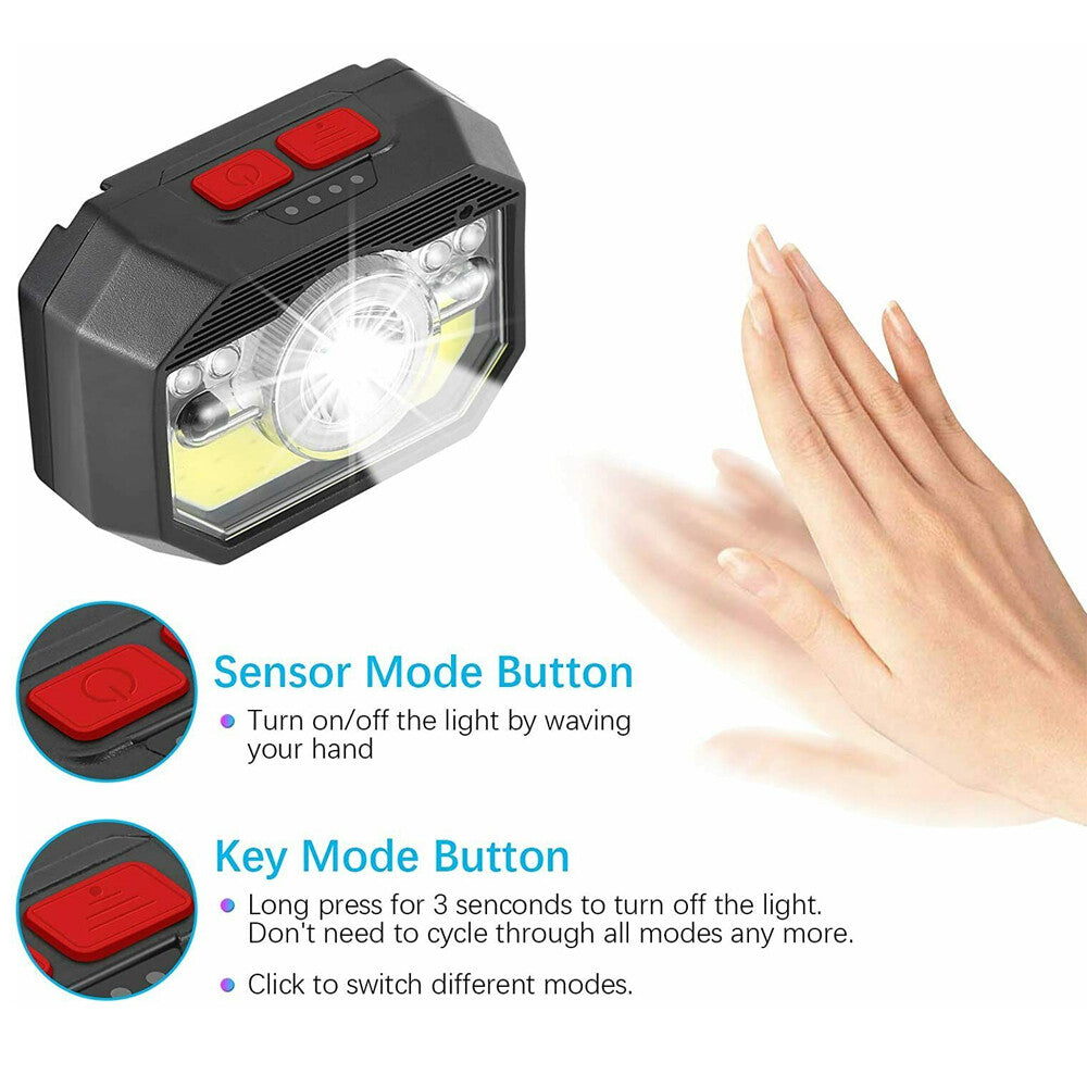 Rechargeable COB LED Headlamp Headlight with Sensor Waterproof Torch
