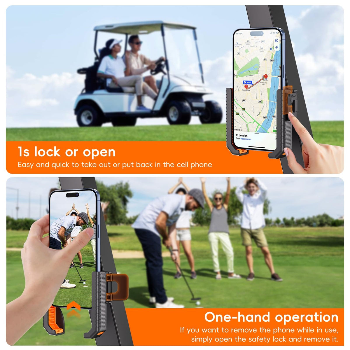 Magnetic Golf Cart Phone Holder - Universal Fit for 4.5-7 Inch Smartphones, Orange & Black