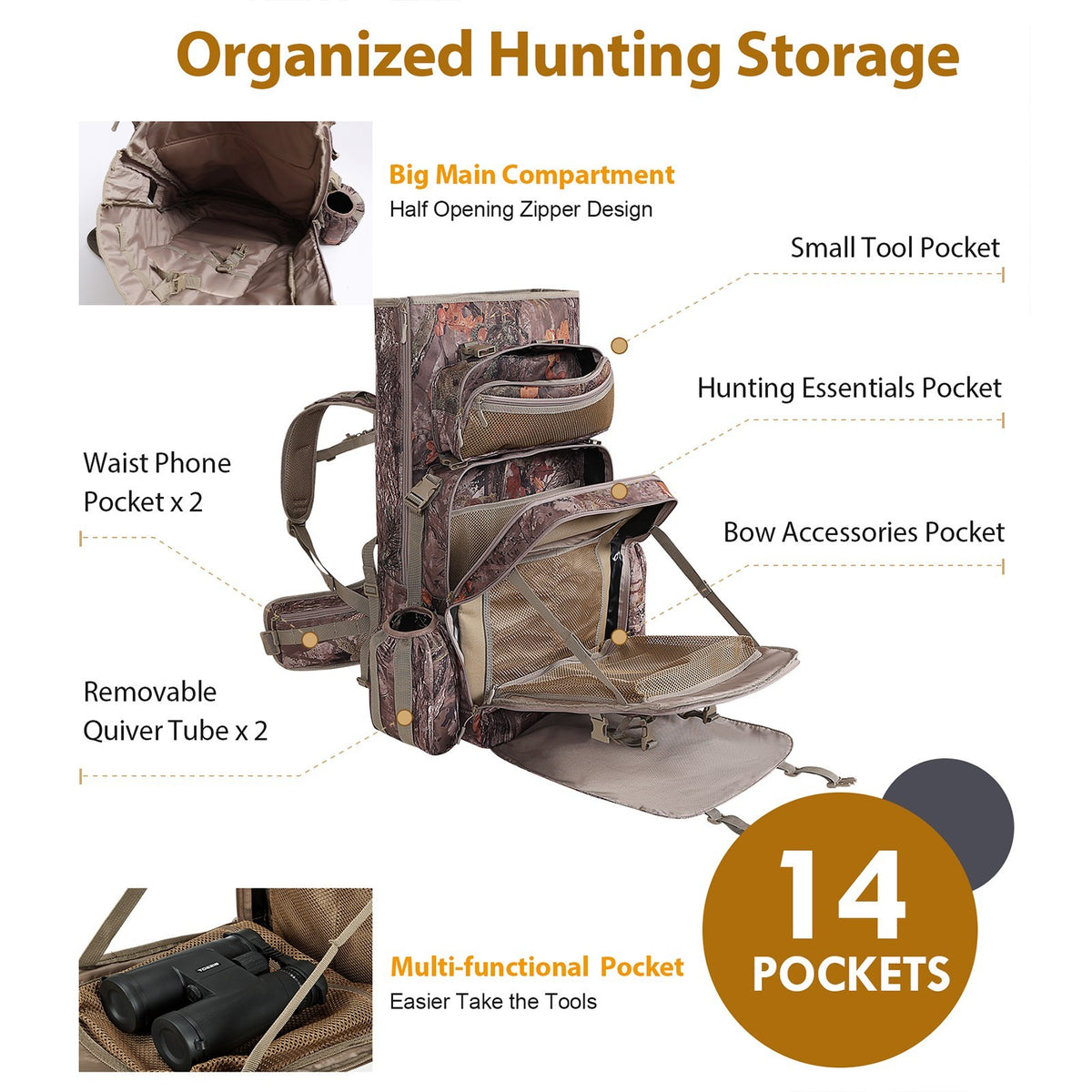 Hunting Backpack with Bow Holder and Quiver | Large Capacity Camo Hunting Bag