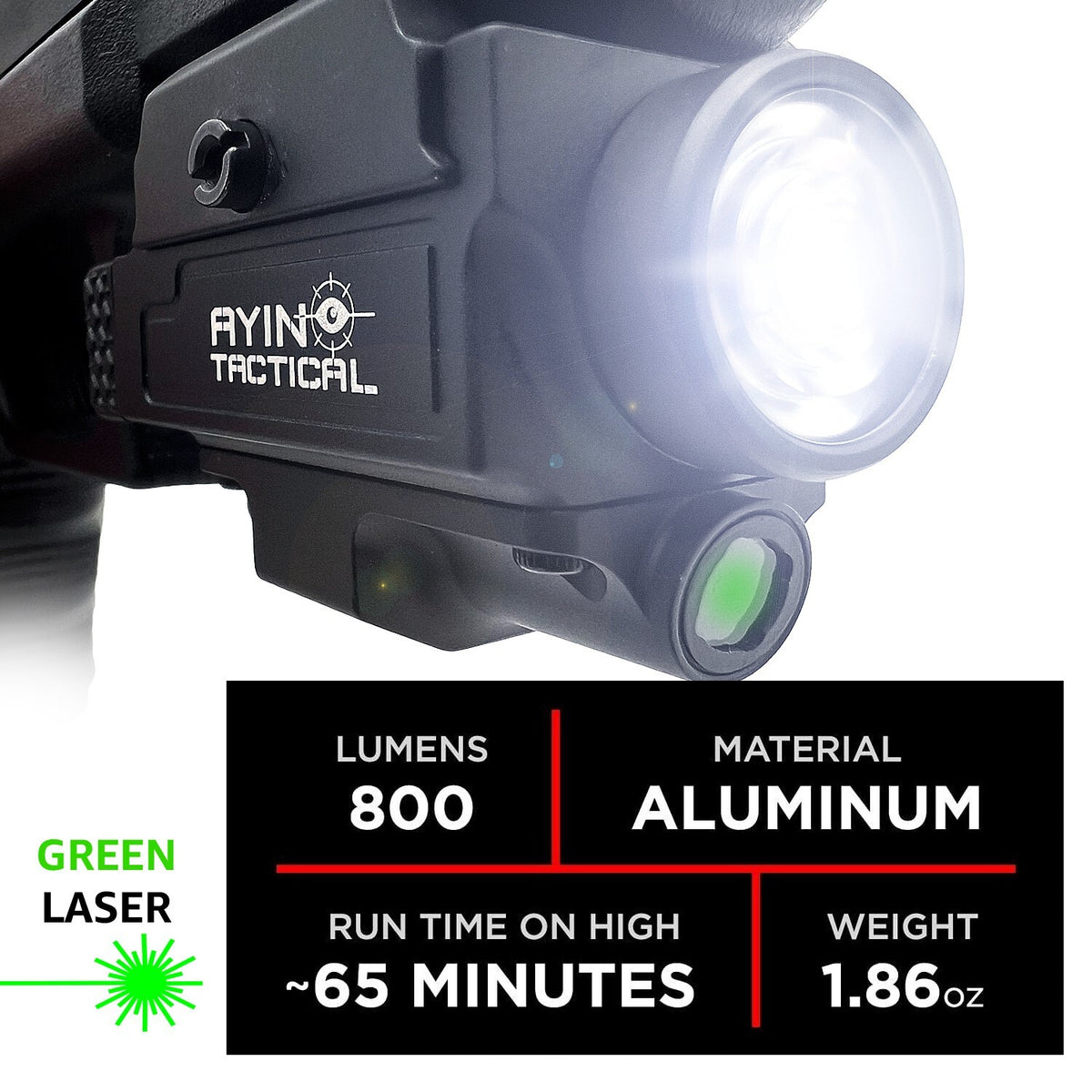 800 Lumen LED Pistol Light with Green Laser, Rechargeable & Quick Detach Mount