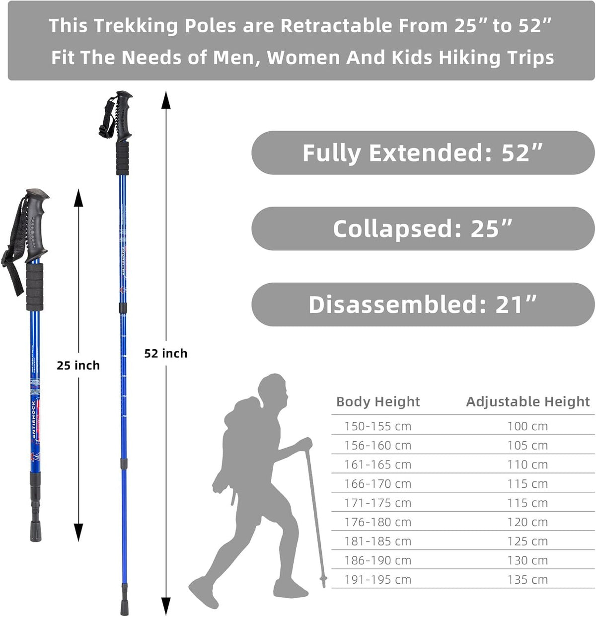 Adjustable Hiking Poles with Anti-Shock Aluminum Trekking Sticks Nordic Walking Sticks