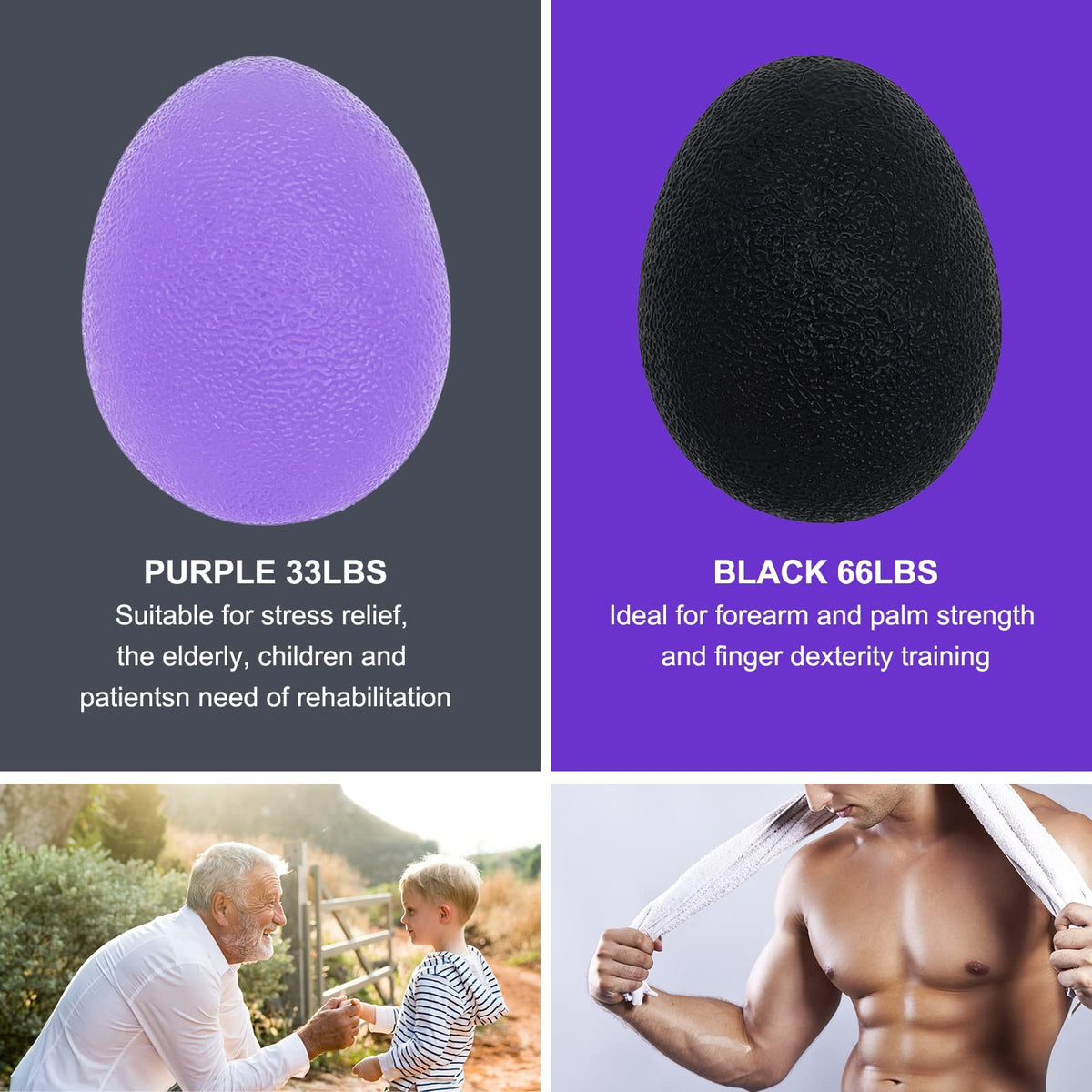 Adult Hand Stress Balls Set - Purple and Black Grip Exercisers for Stress Relief and Hand Therapy