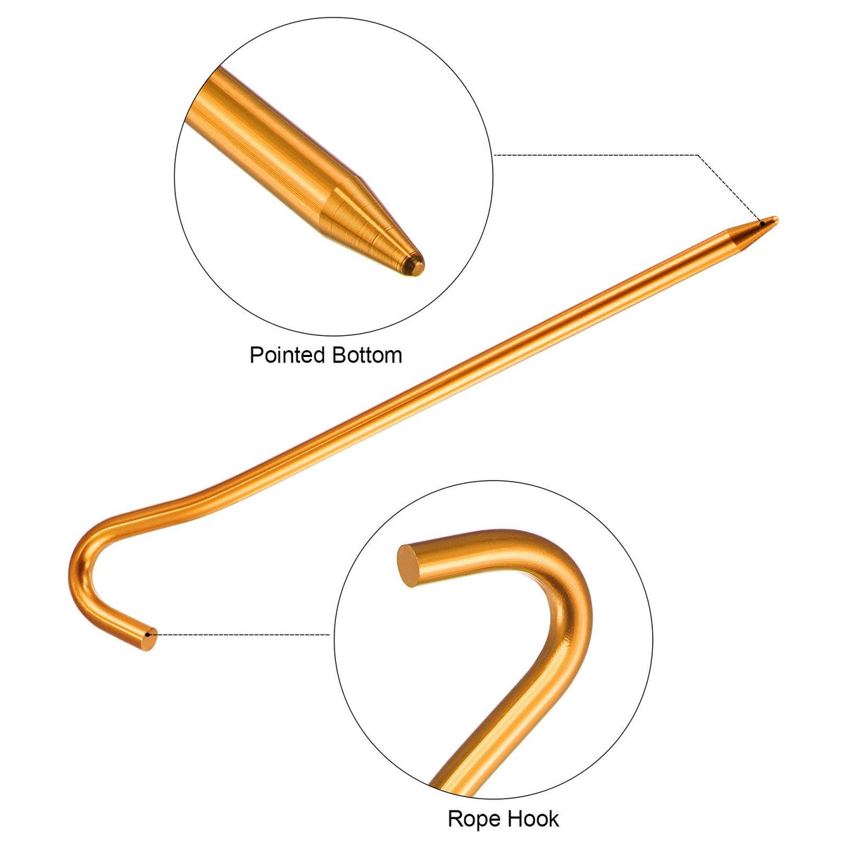 6 Pack Aluminum Tent Stakes with Hook 7.2 Inches - Gold Outdoor Camping Gear