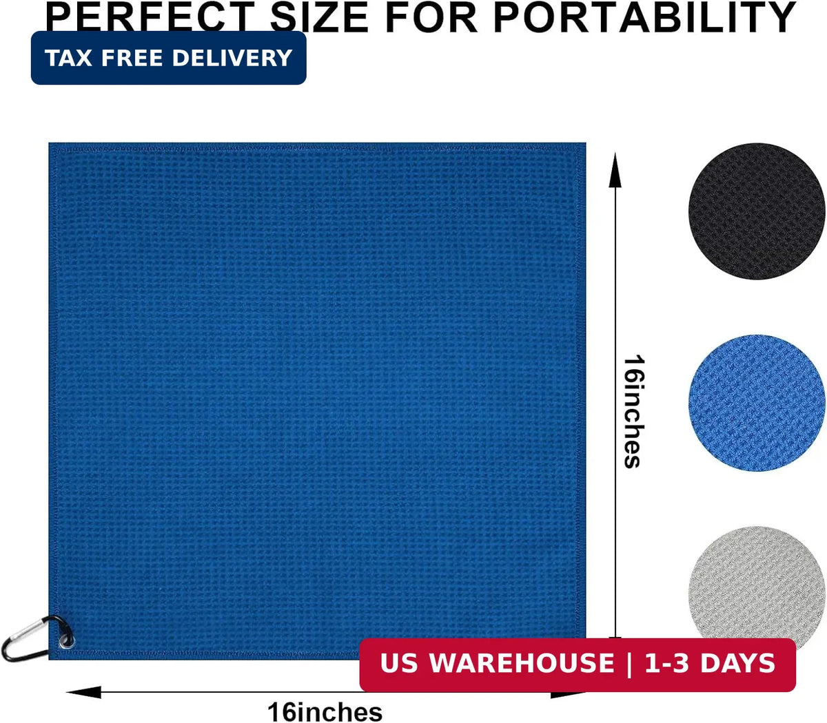 Pro 3 Pack Golf Towels - Microfiber 16x16 Inches with Hook & Loop Fastener