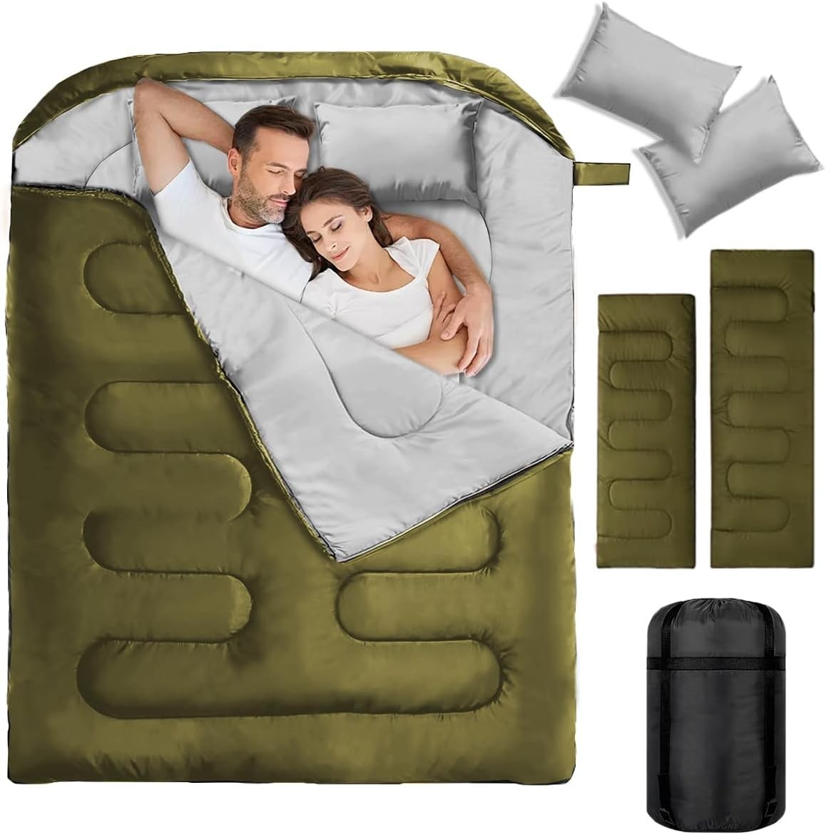 Double Sleeping Bag for Adults Queen Size XL, 2-Person Waterproof Camping Bed with 2 Pillows