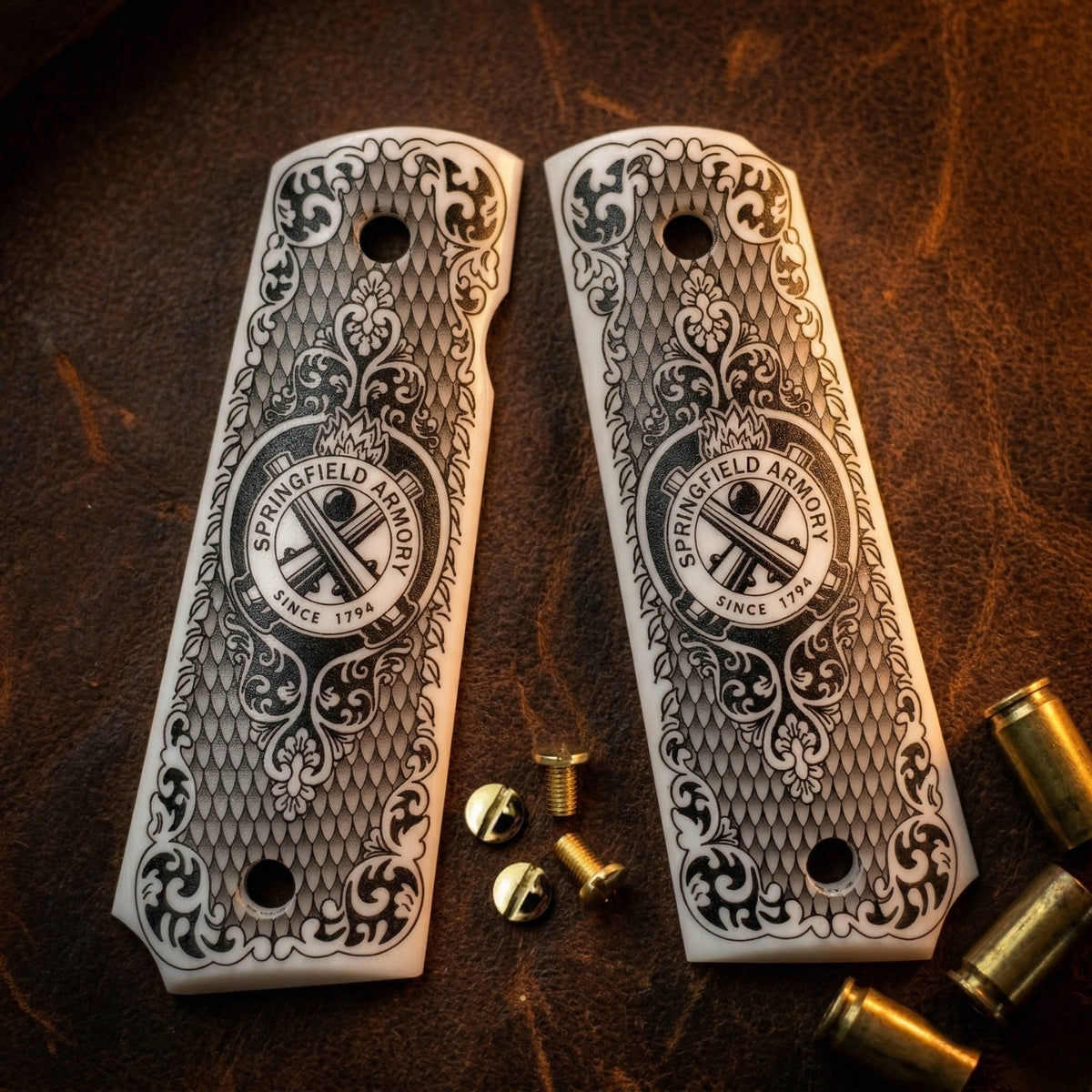 1911 Pistol Grips White Pearl Polymer with Springfield Logo - Custom Full Size Fit