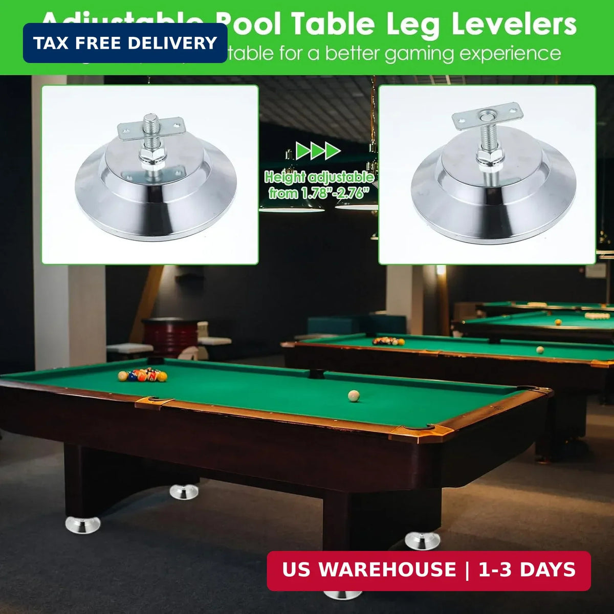 Adjustable 5 Inch Billiard Table Leg Levelers - Heavy Duty Metal Risers (4 Pack)