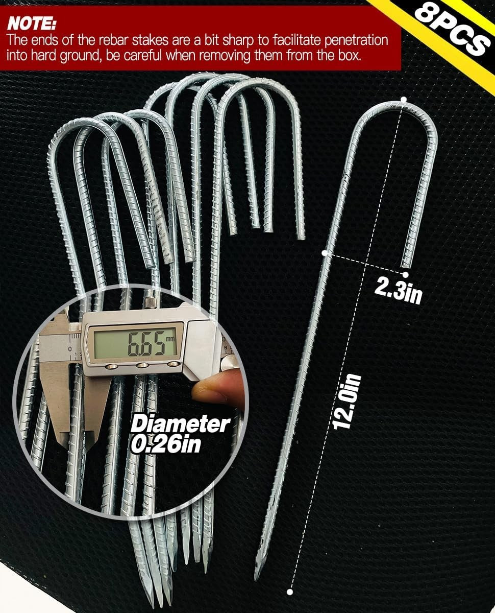 Heavy Duty Rebar Stakes 12 Inch Ground Tent Stakes with Hook - Galvanized Steel