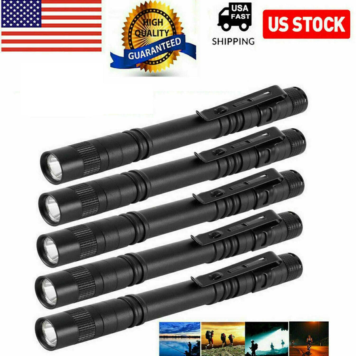 Portable Pen Flashlight 5 Pack, Compact Aluminum Torch with Clip - High Brightness, Waterproof for Camping and Outdoors