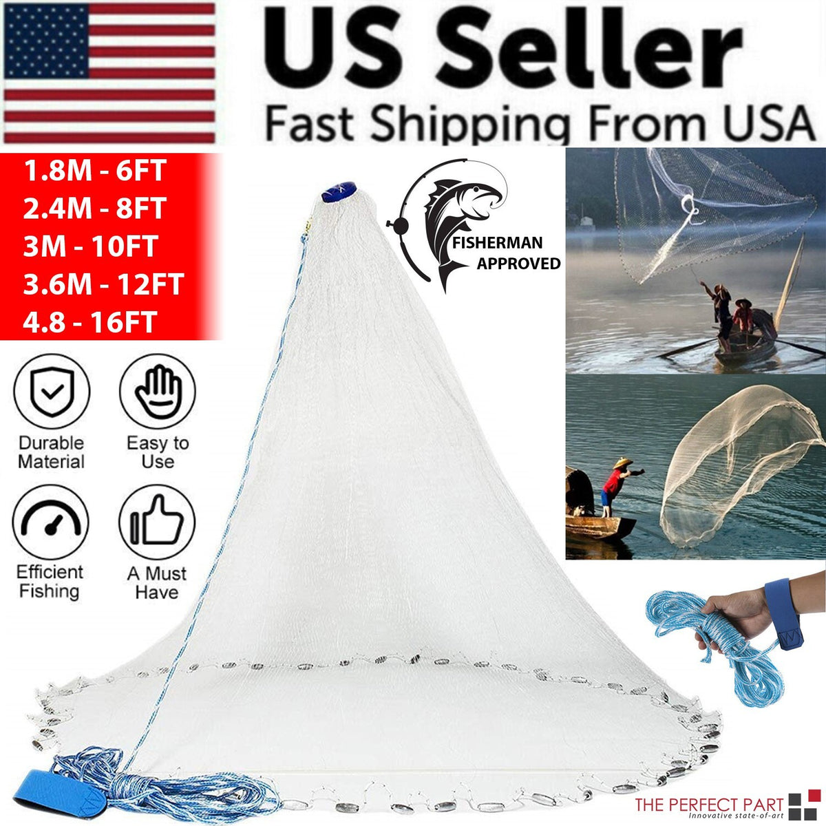 Fishing Cast Net - Heavy Duty Nylon Mesh Bait Net for Anglers