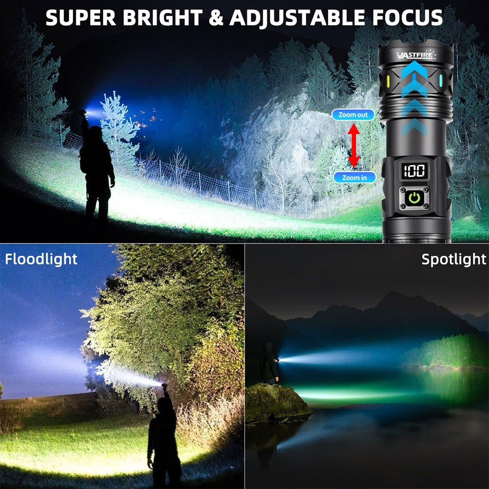 50W High Power Laser White LED Flashlight with Telescopic Zoom & Type-C USB Charging