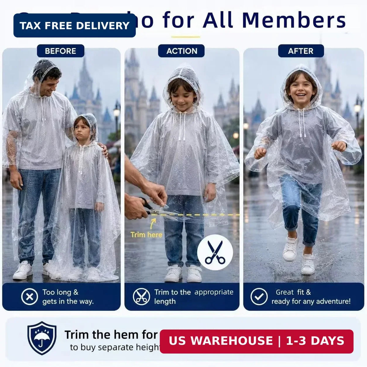 Disposable Rain Ponchos for Adults - Clear Waterproof Emergency Cover with Drawstring Hood